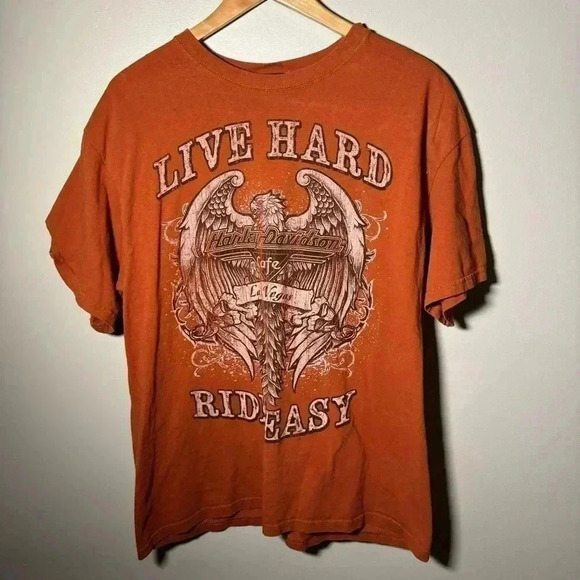 Harley-Davidson Cafe Live  Hard Ride Easy Mens Graphic T-Shirt Orange Cotton XL - Picture 3 of 8